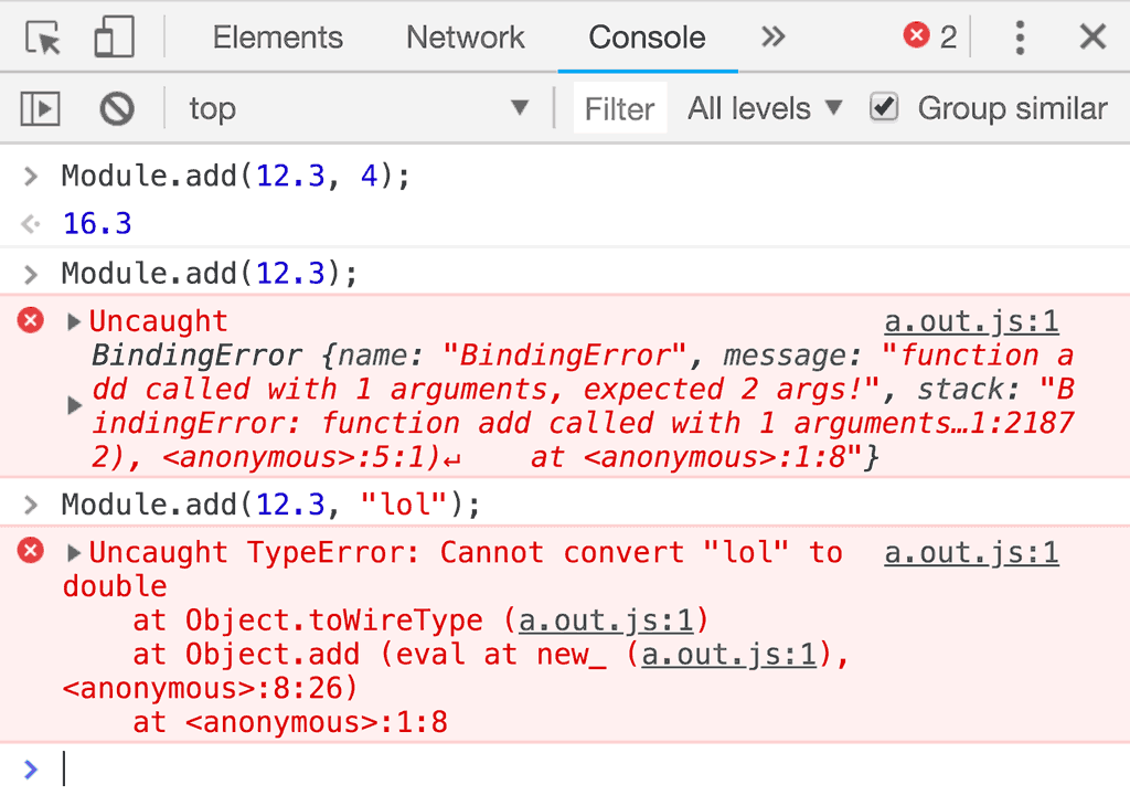 Erreurs des outils de développement lorsque vous appelez une fonction avec un nombre incorrect d&#39;arguments ou lorsque le type d&#39;arguments est incorrect