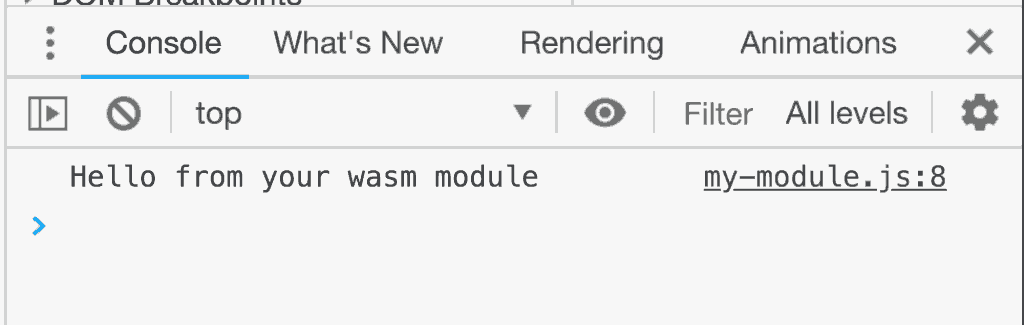 DevTools muestra un mensaje impreso a través de C++ y Emscripten.