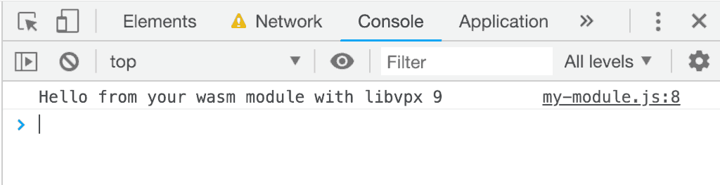 Herramientas para desarrolladores que muestran la versión de ABI de libvpx impresa a través de Emscripten.