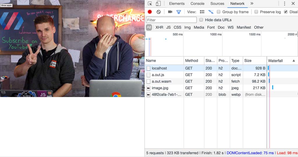 แผงเครือข่ายของ DevTools และรูปภาพที่สร้างขึ้น