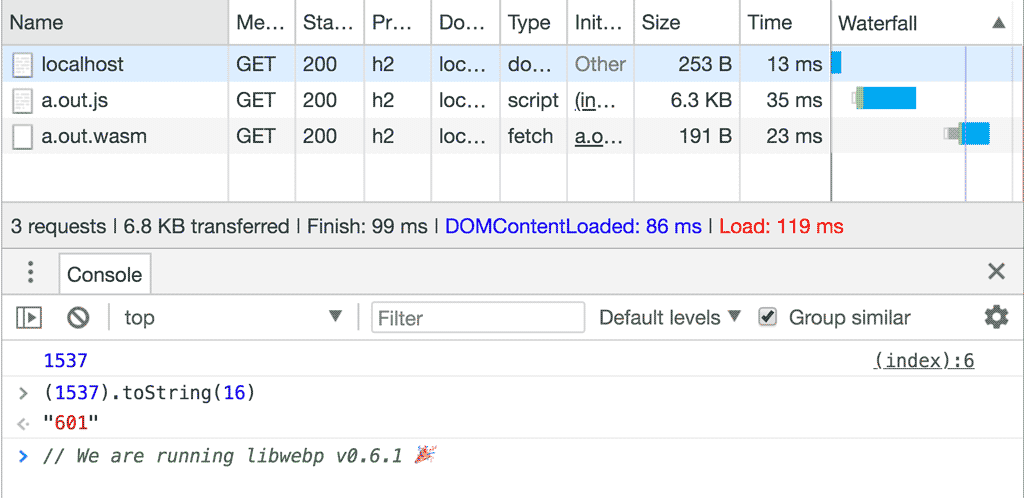 正しいバージョン番号が表示されている DevTools コンソールのスクリーンショット。