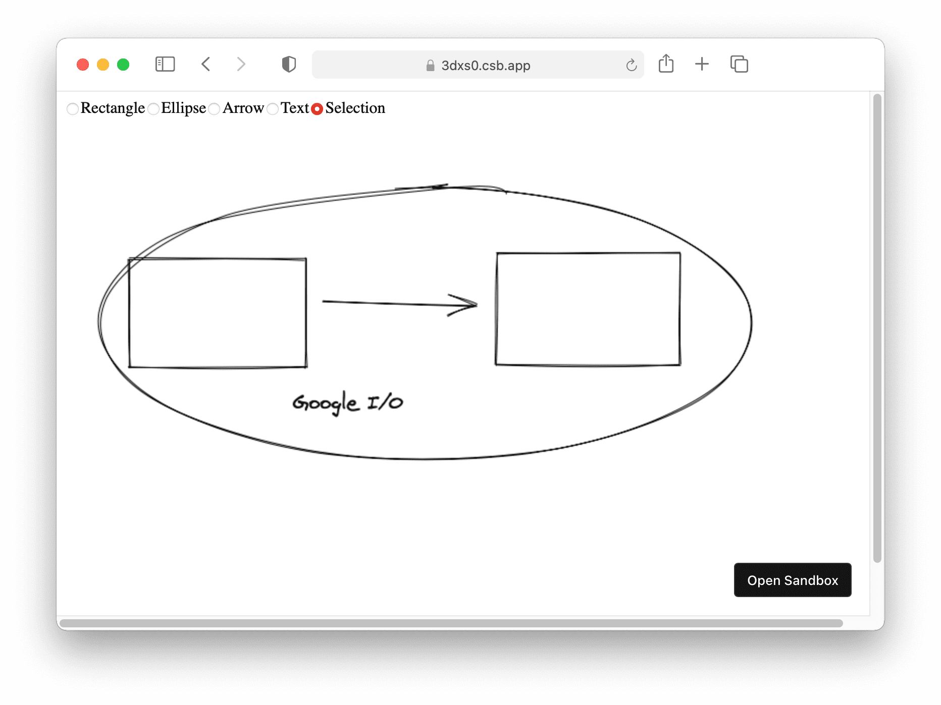 Captura de pantalla de la aplicación prototipo de Excalidraw que muestra que admite rectángulos, flechas, elipses y texto.