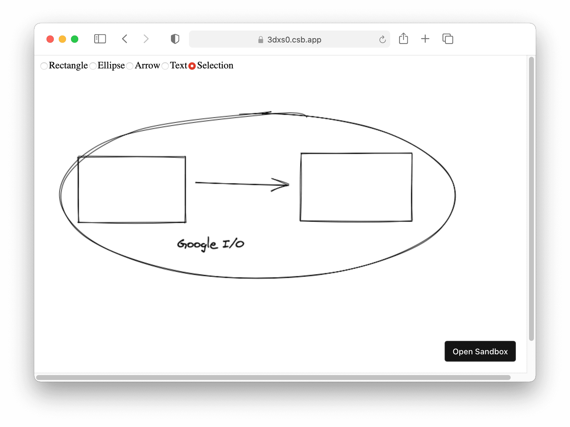 Screenshot aplikasi prototipe Excalidraw yang menunjukkan bahwa aplikasi mendukung persegi panjang, panah, elips, dan teks.