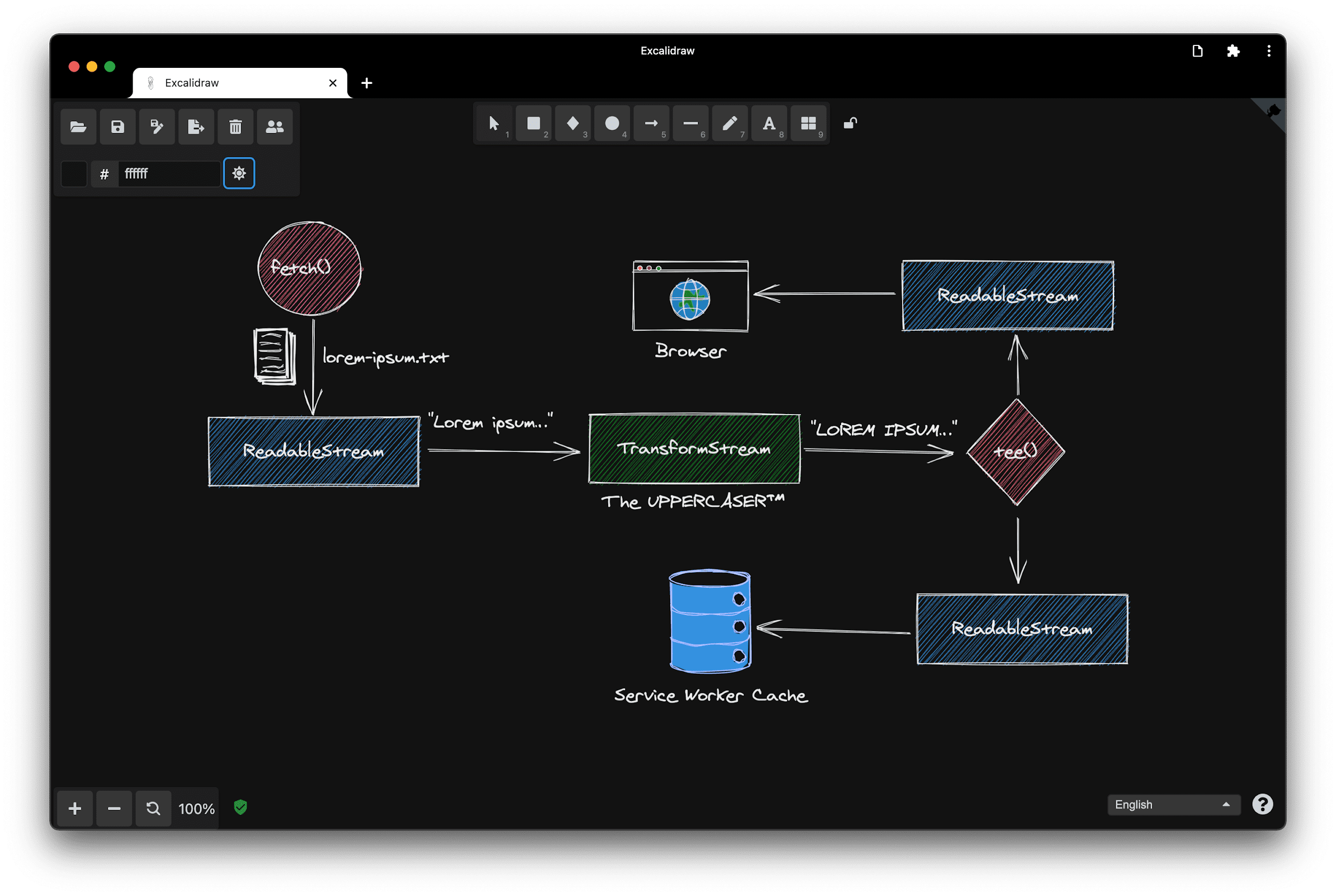 Captura de pantalla de la AWP de Excalidraw en el estado actual.