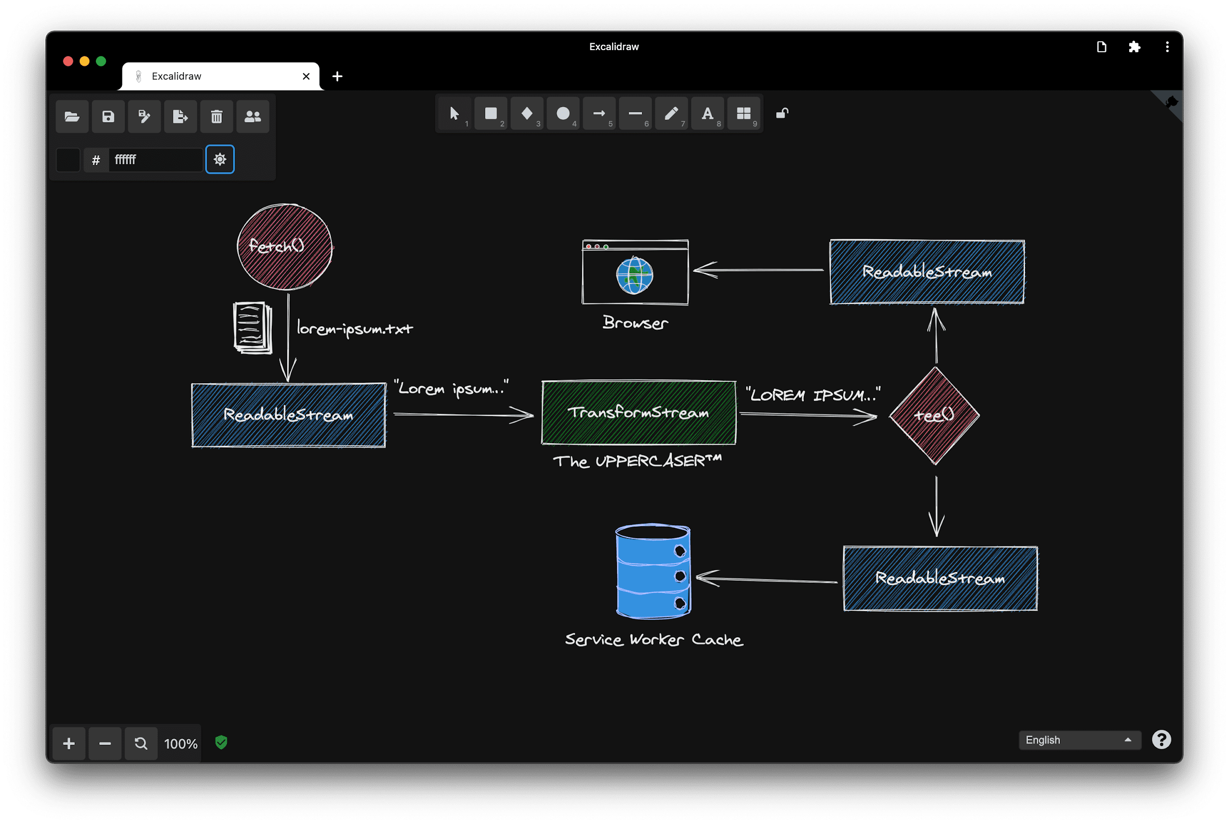 Capture d&#39;écran de l&#39;état actuel de l&#39;application Web progressive Excalidraw.