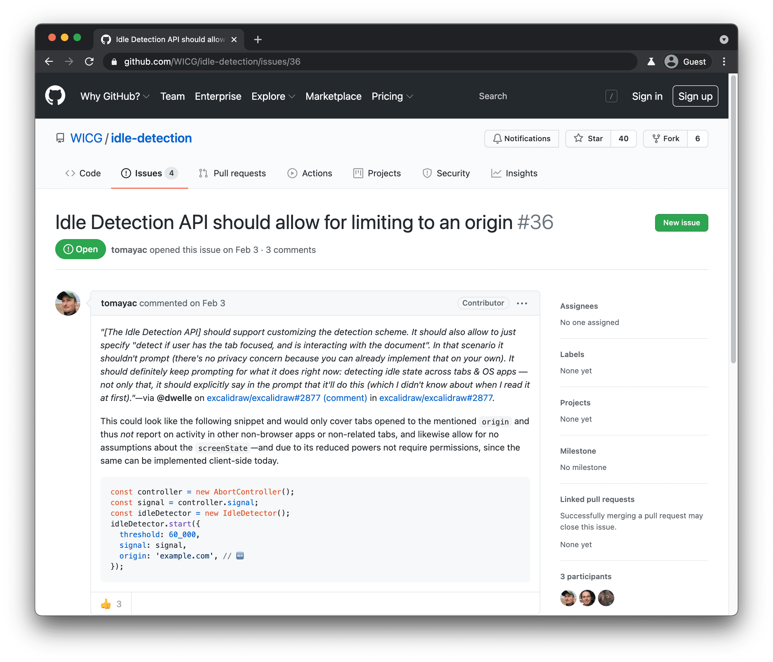 Capture d&#39;écran des commentaires sur la détection d&#39;inactivité déposés sur le dépôt WICG Idle Detection.