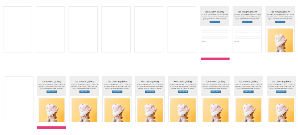 Comparação de visualizações em tira de filme do carregamento de uma página com CSS de bloqueio de renderização (parte superior) e a mesma página com CSS crítico inline (na parte inferior) em uma conexão 3G. A tira de filme superior mostra seis frames em branco antes de finalmente exibir o conteúdo. A tira de filme inferior mostra conteúdo significativo no primeiro frame.