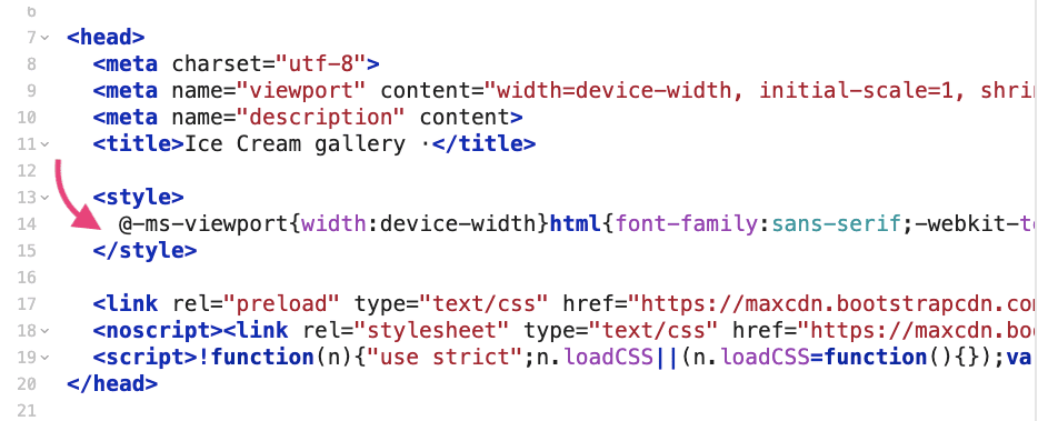 فایل HTML با CSS حیاتی که در سر قرار دارد