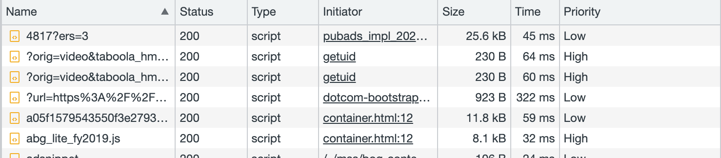 Screenshot aset yang tercantum di tab jaringan di DevTools Chrome. Kolom tersebut dibaca dari kiri ke kanan: nama, status, jenis, inisiator, ukuran, waktu, dan prioritas.