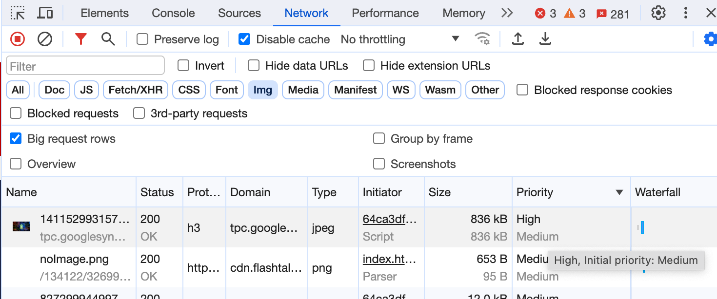 Chrome の DevTools の [Network] タブ。[大きなリクエスト行] 設定がオンになっており、[優先度] 列に優先度が「高」で、その下に異なる初期優先度「中」の画像が表示されます。ツールチップに同じ内容が表示されます。