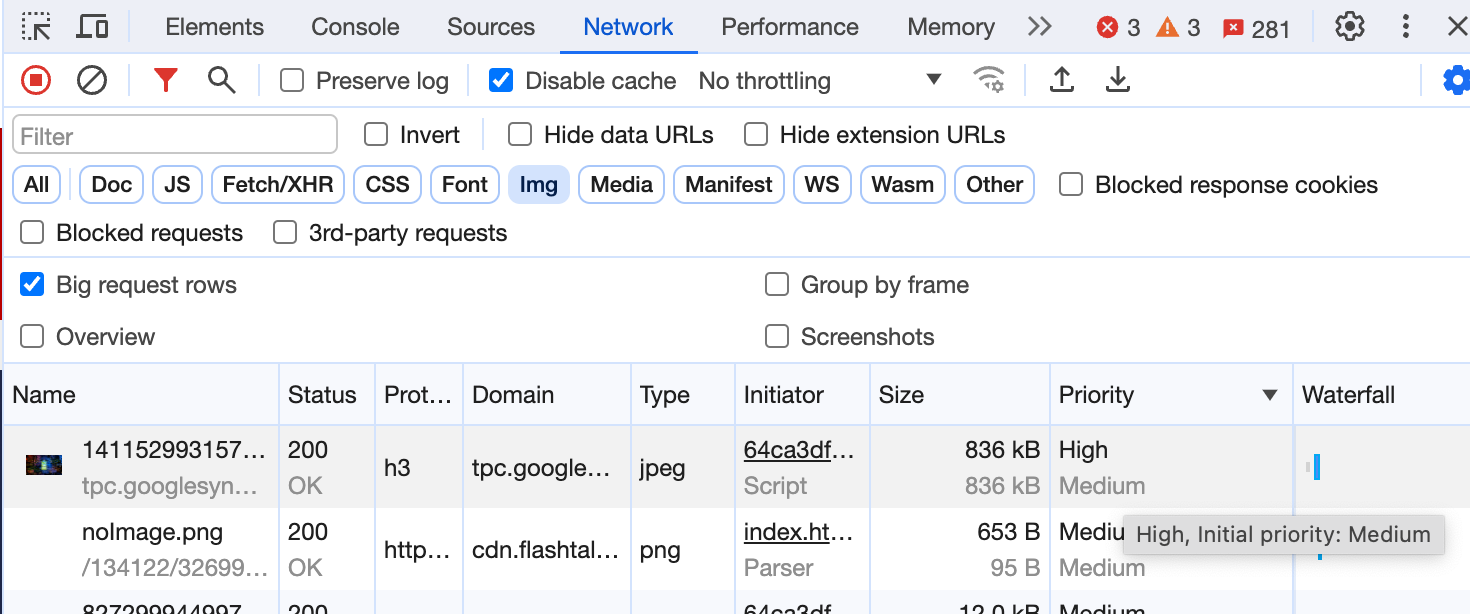 Pestaña Red de las herramientas para desarrolladores de Chrome. Se marcó el parámetro de configuración "Big request rows" y la columna Priority muestra la primera imagen con una prioridad de High y una prioridad inicial diferente de Medium debajo. Lo mismo se muestra en la información sobre la herramienta.