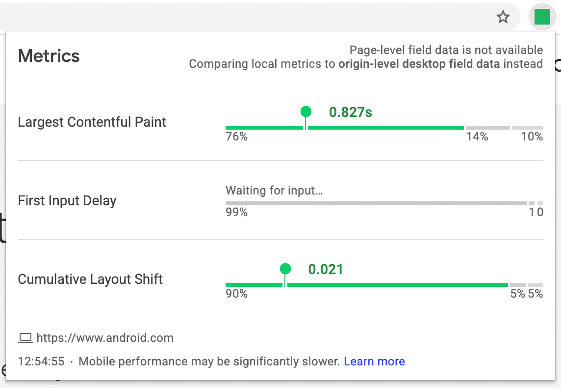 Screenshot dell&#39;estensione Web Vitals che mostra dati sul campo desktop a livello di origine con 