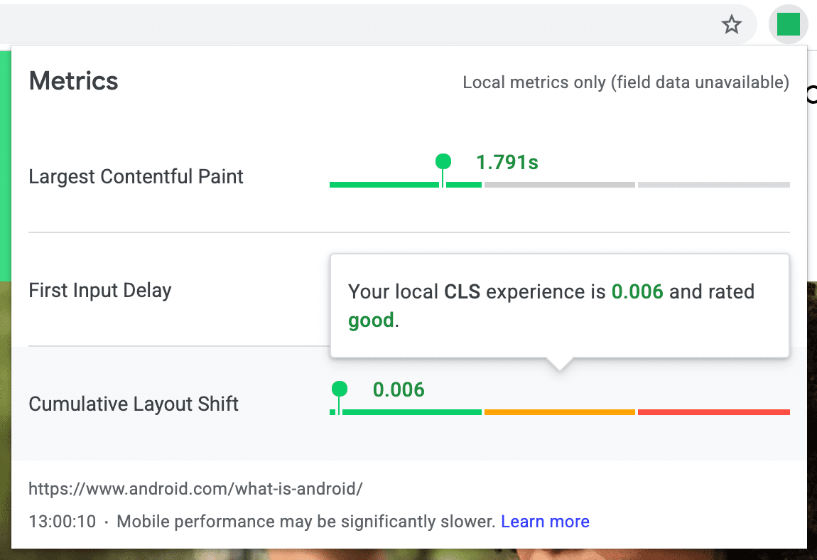 Screenshot of the
Web Vitals extension showing only local data; field data is unavailable.