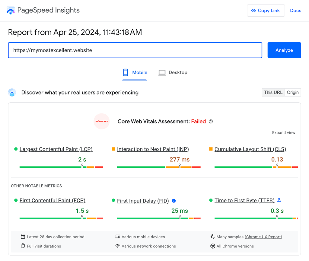 Datos de campo, como muestra CrUX en PageSpeed Insights, en el que se muestran los valores de LCP, INP y CLS en las tres Métricas web esenciales, y TTFB, FCP como métricas de diagnóstico y FID como métrica Métricas web esenciales obsoleta.