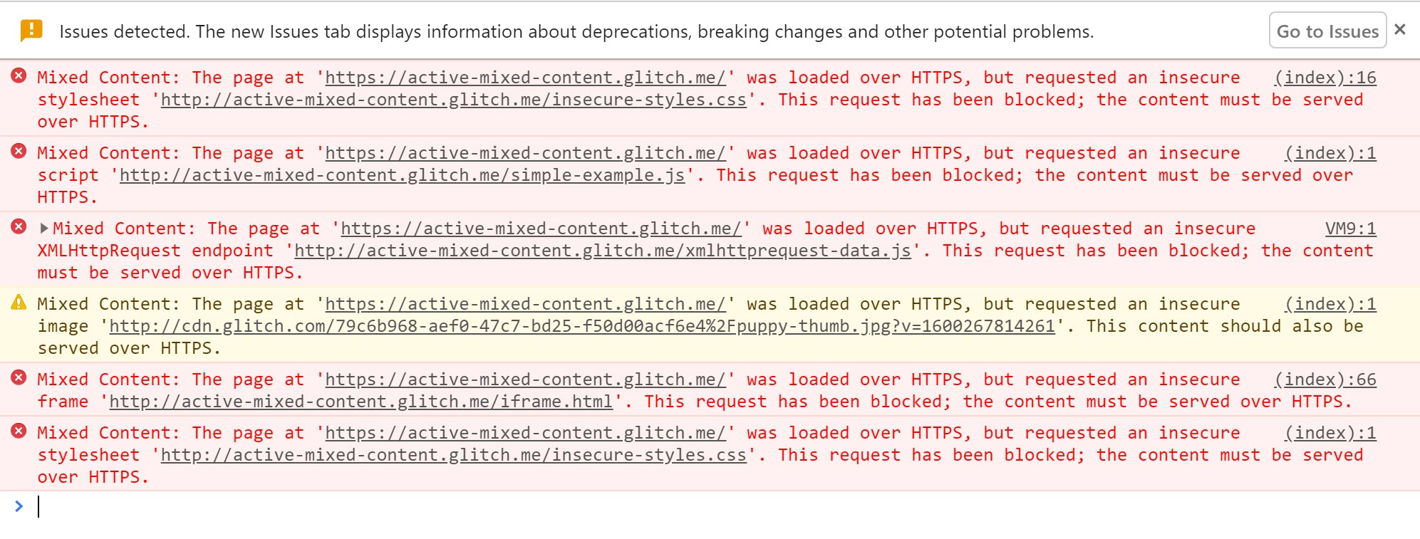 활성 혼합 콘텐츠가 차단되었을 때 표시되는 경고를 표시하는 Chrome DevTools