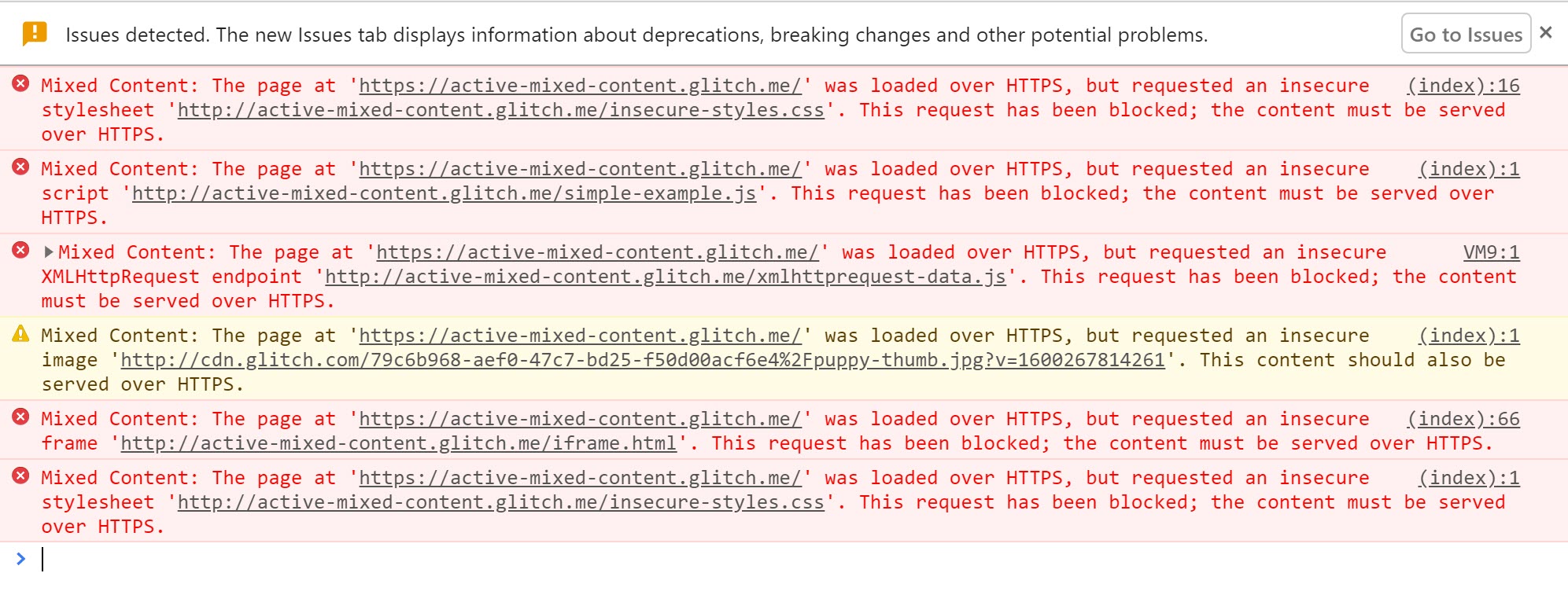 O Chrome DevTools mostrando os avisos exibidos quando conteúdo misto ativo é bloqueado