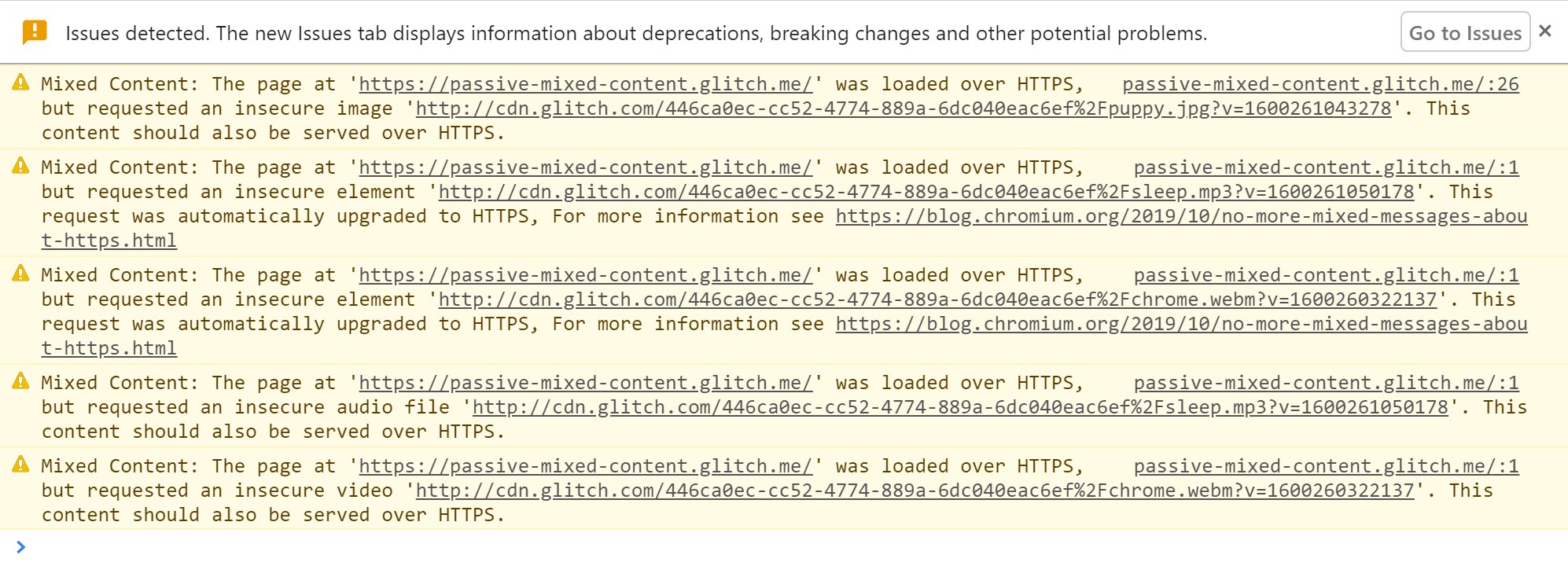 혼합 콘텐츠가 감지되어 업그레이드될 때 표시되는 경고를 보여주는 Chrome DevTools