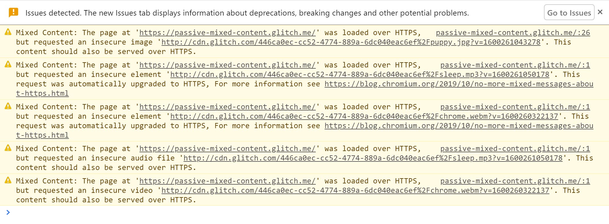 Chrome DevTools mostrando os avisos quando conteúdo misto é detectado e atualizado