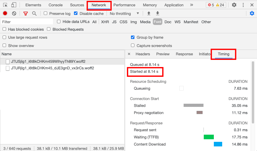Guia "Timing" no DevTools.