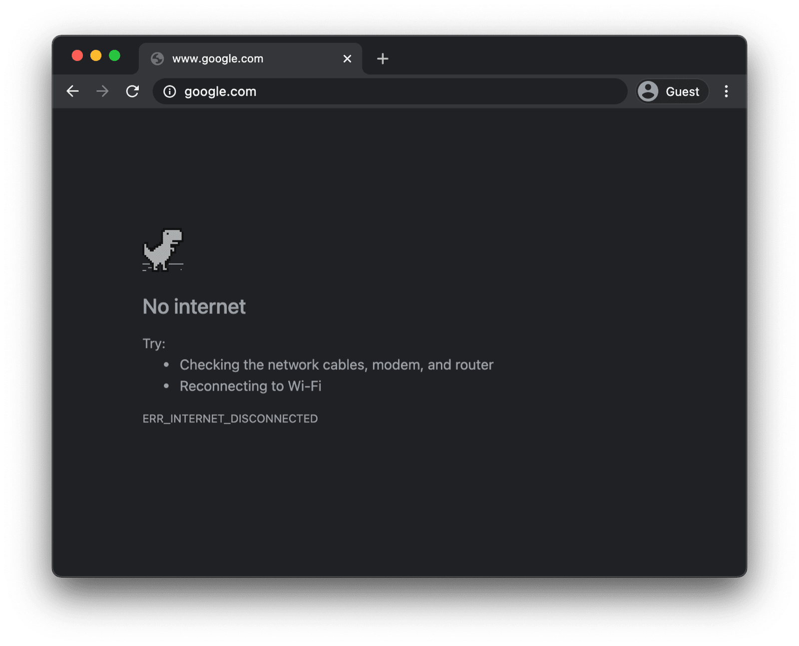 Chrome का ऑफ़लाइन पेज, जिसमें Chrome Dino गेम होता है.