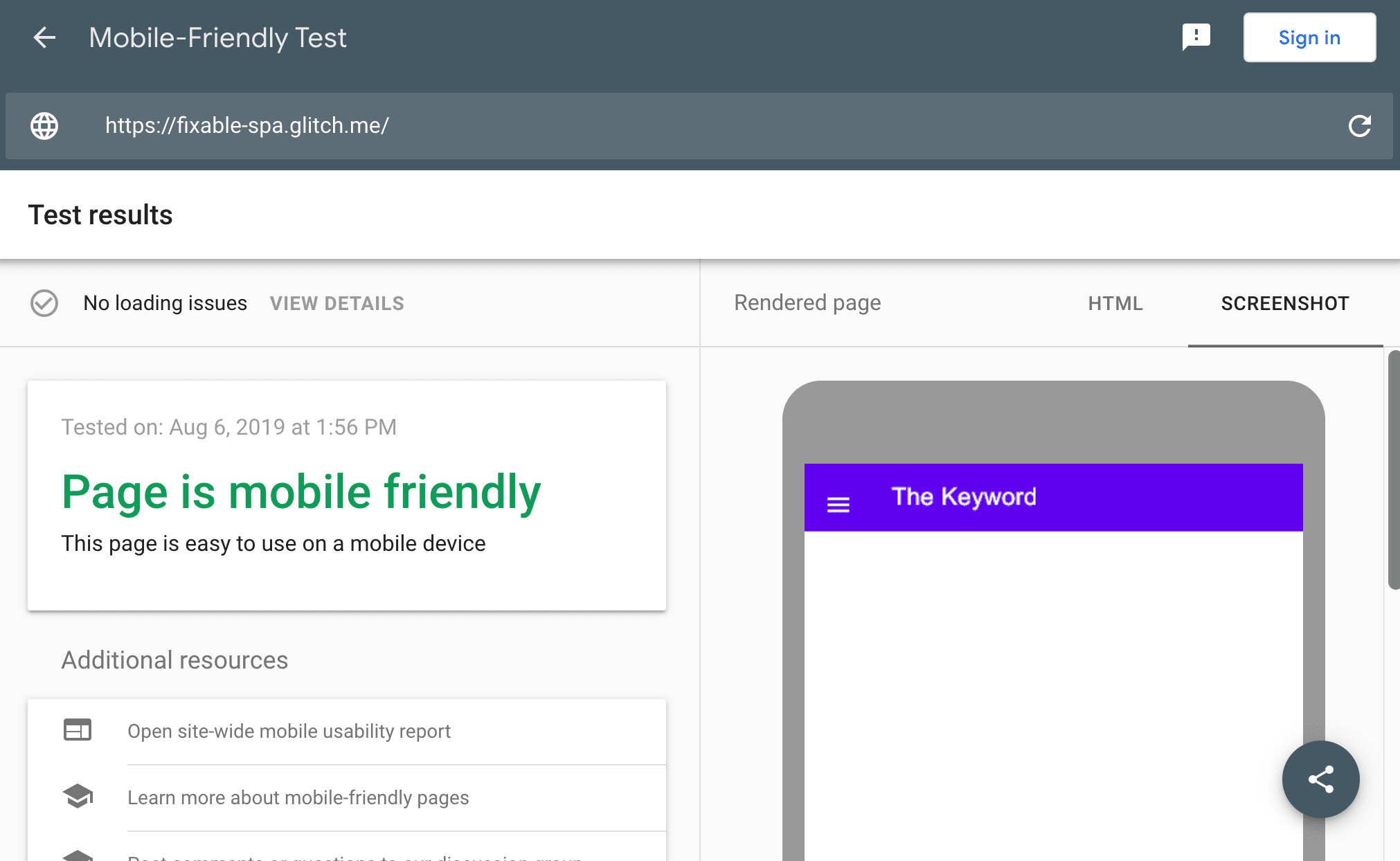 Capture d'écran de l'outil de test d'optimisation mobile.