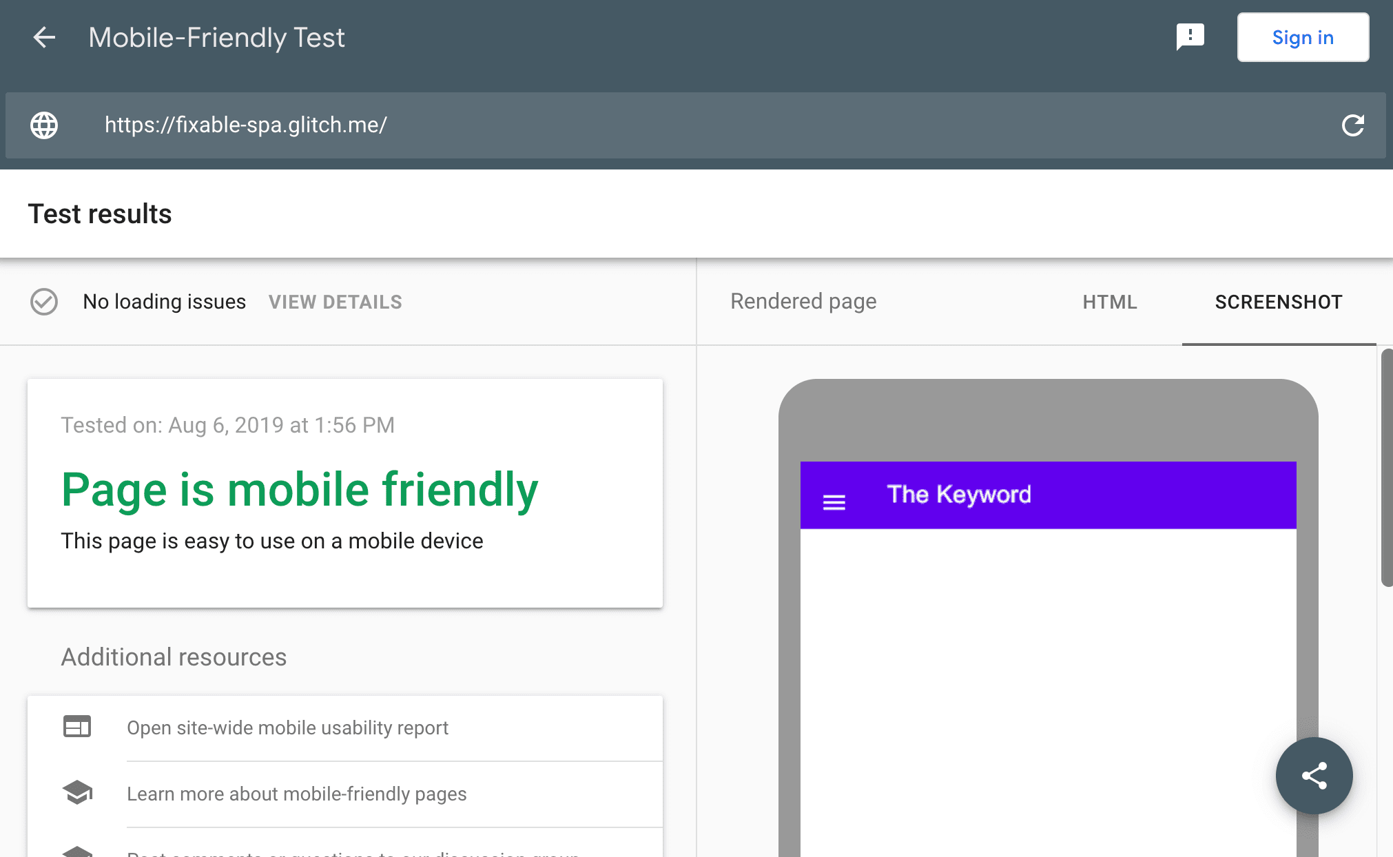 A screenshot of the Mobile-Friendly Test.