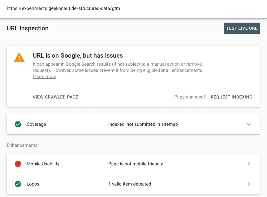 Captura de pantalla de la herramienta de inspección de URL.
