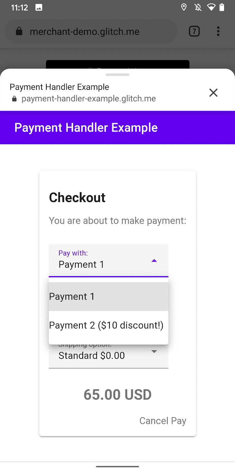 Interface do seletor da forma de pagamento
