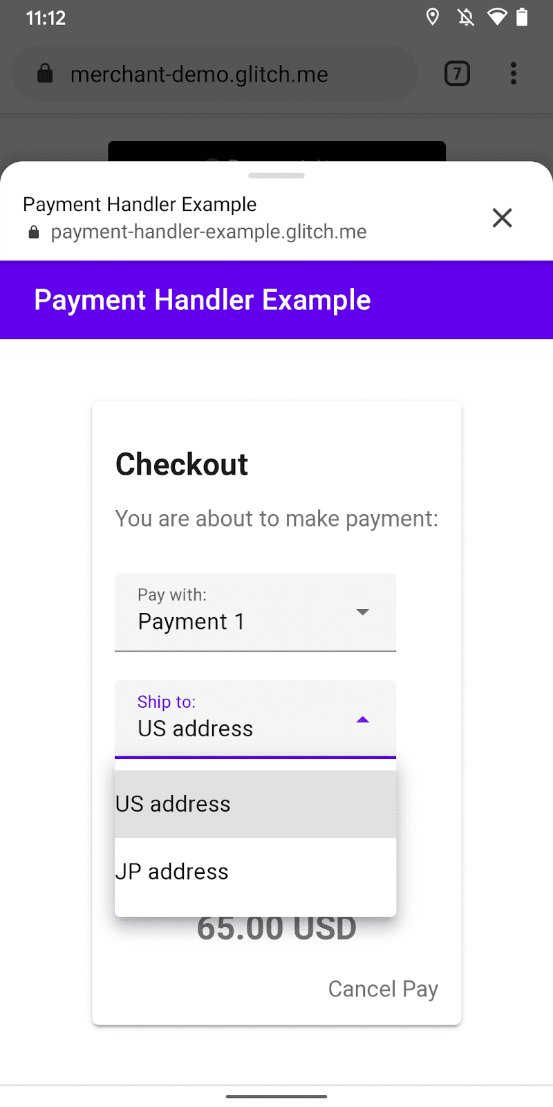 Interface utilisateur du sélecteur d'adresse de livraison