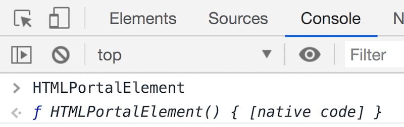 Screenshot konsol DevTools menampilkan HTMLPortalElement