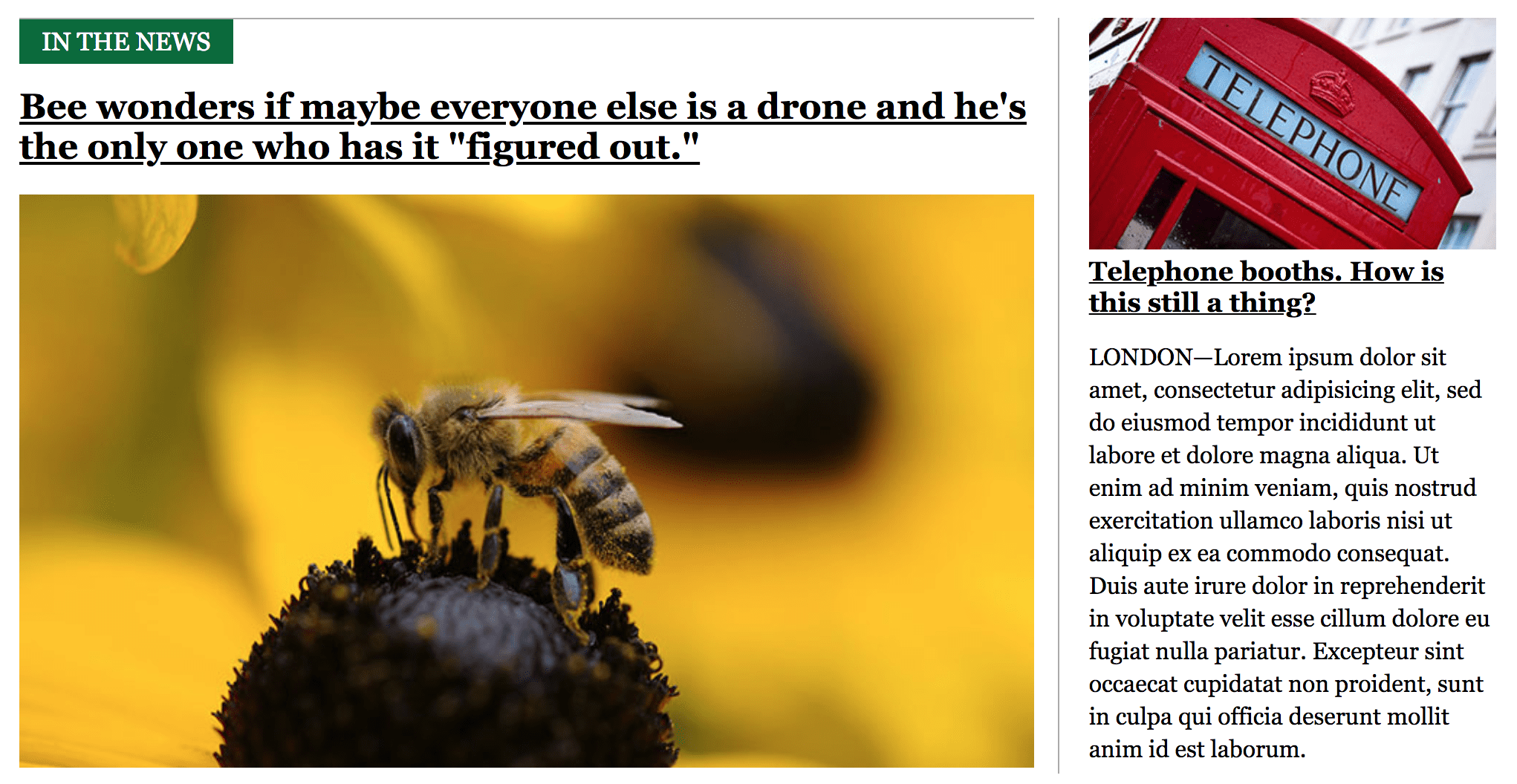 Site d'actualités avec un titre, une image principale et des sous-sections.