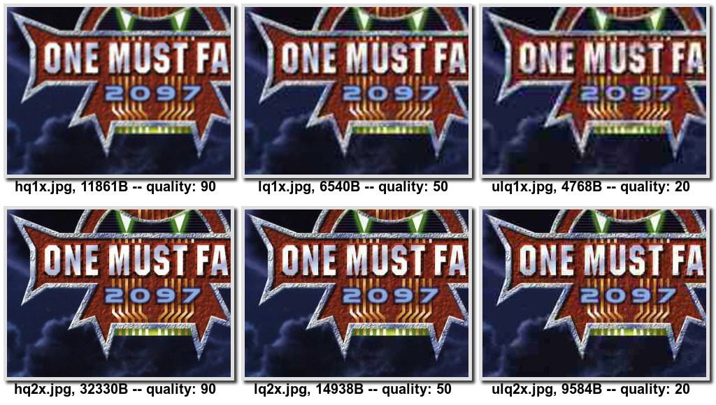 Six versions of one image, varied in compression and pixel density.