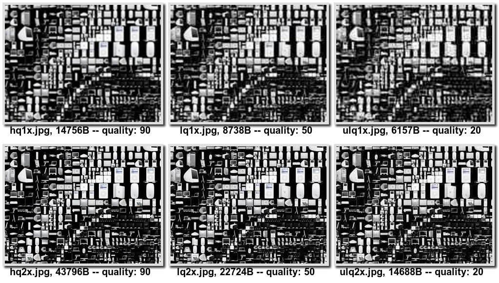 Six versions of one image, varied in compression and pixel density.