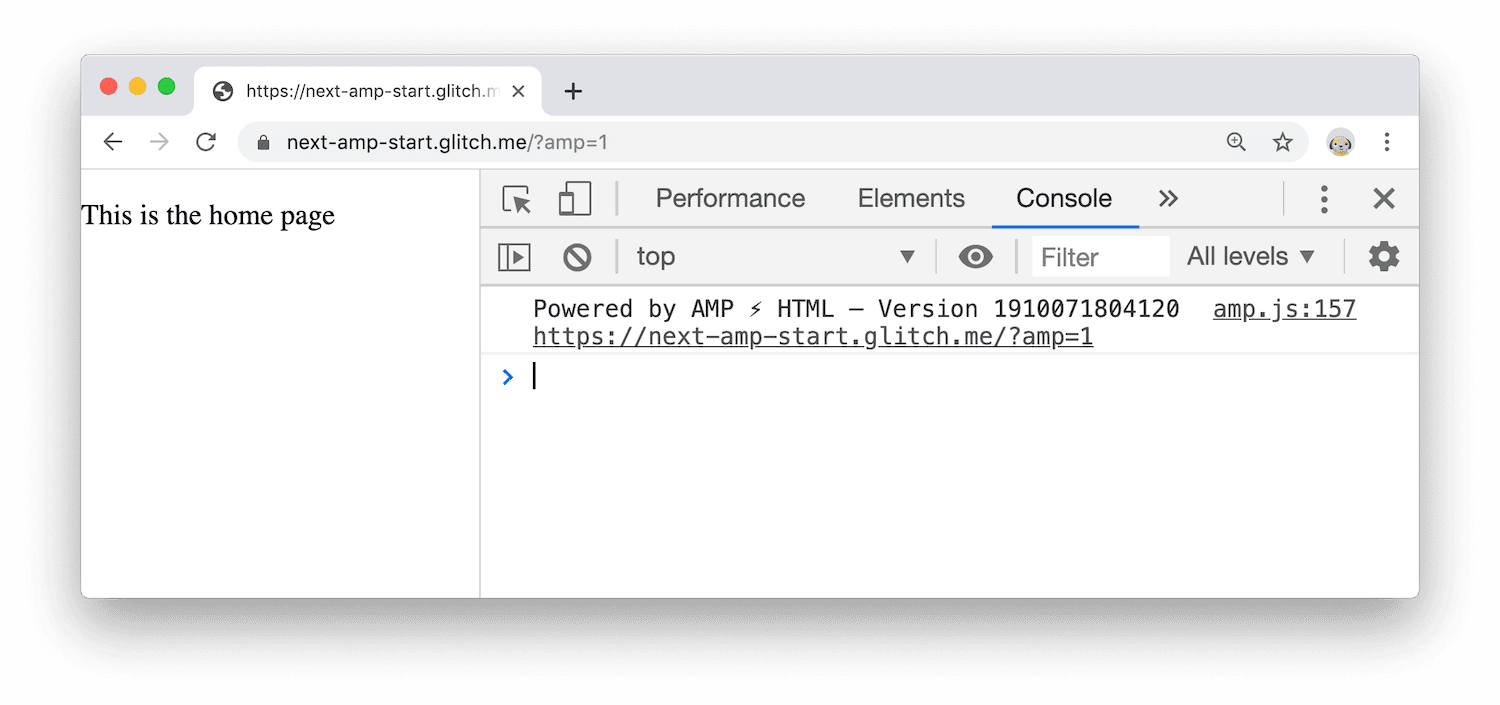 A página ativa e uma mensagem no console do Chrome DevTools informando que a página usa tecnologia AMP.