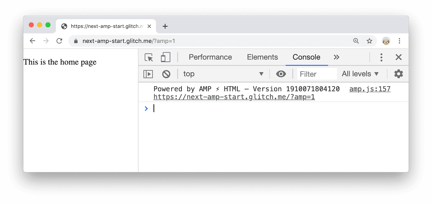 הדף הפעיל והודעה במסוף כלי הפיתוח של Chrome, שמציינת שהדף מופעל באמצעות AMP.