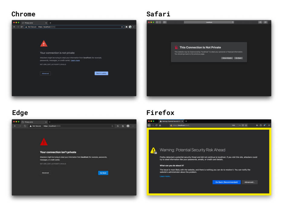 Screenshots of the warnings browsers show when a self-signed certificate is used.