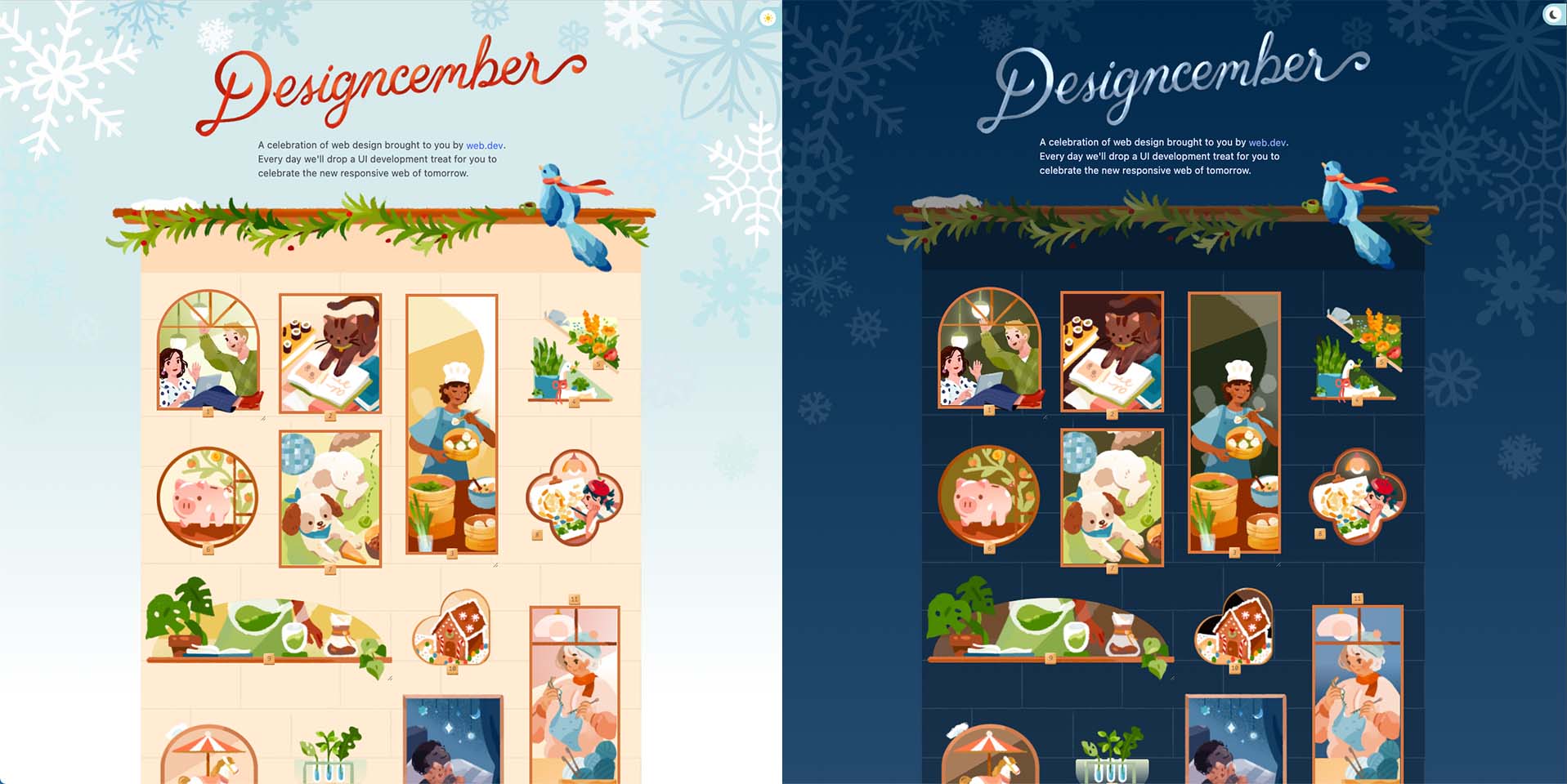 The light and dark mode versions of the Designcember site, side-by-side.