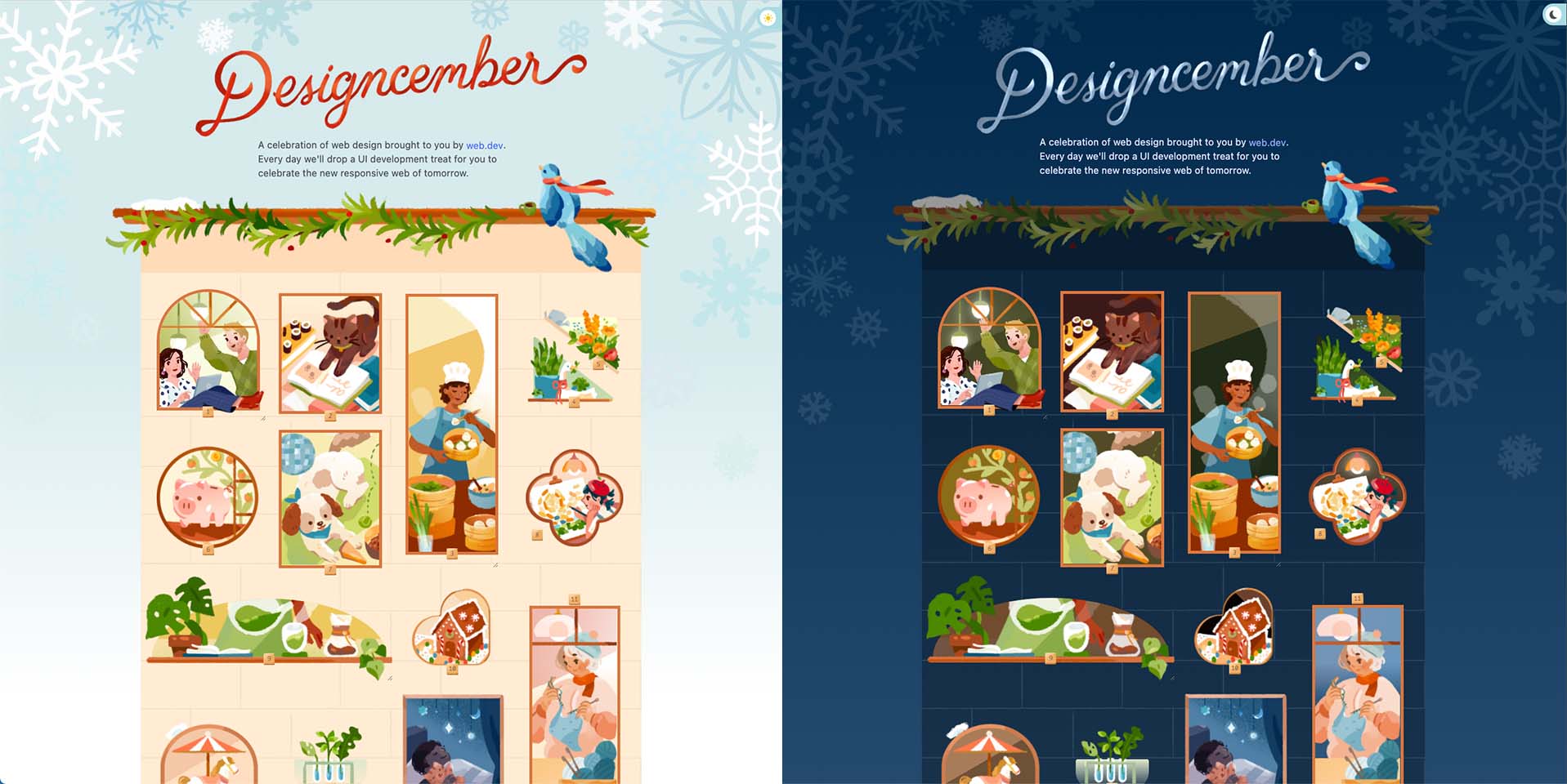 Las versiones de modo claro y oscuro del sitio de Designcember, en paralelo.