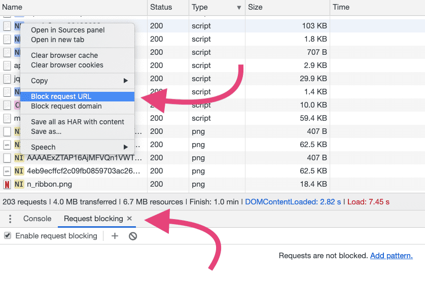 Chrome DevTools 성능 패널의 컨텍스트 메뉴 스크린샷 '요청 URL 차단' 옵션이 강조표시되어 있습니다.