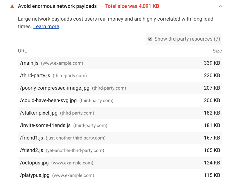Capture d&#39;écran de l&#39;audit &quot;Éviter d&#39;énormes charges utiles de réseau&quot; dans Chrome DevTools