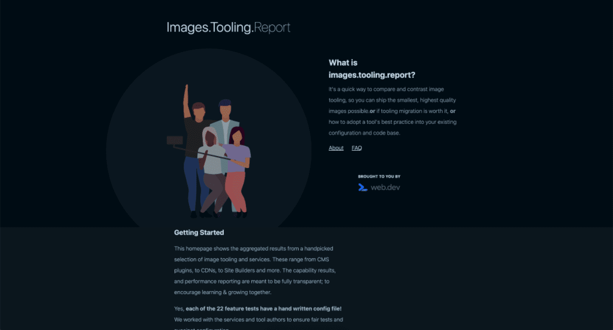 צילום מסך של דף הנחיתה של images.tooling.report במצב כהה.