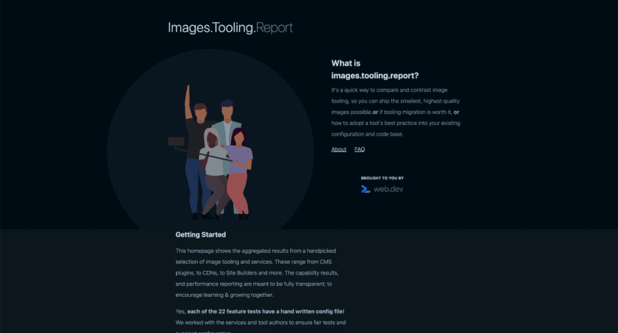 गहरे रंग वाले मोड में images.tooling.report के लिए लैंडिंग पेज का स्क्रीनशॉट.