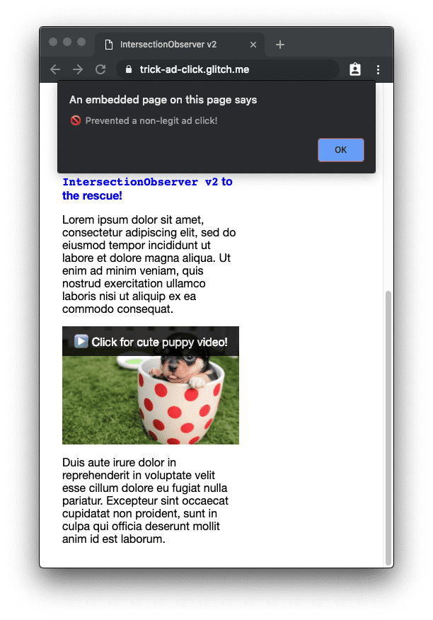 इंटरसेक्शन ऑब्ज़र्वर v2, किसी विज्ञापन पर अनचाहे क्लिक को रोकता है.