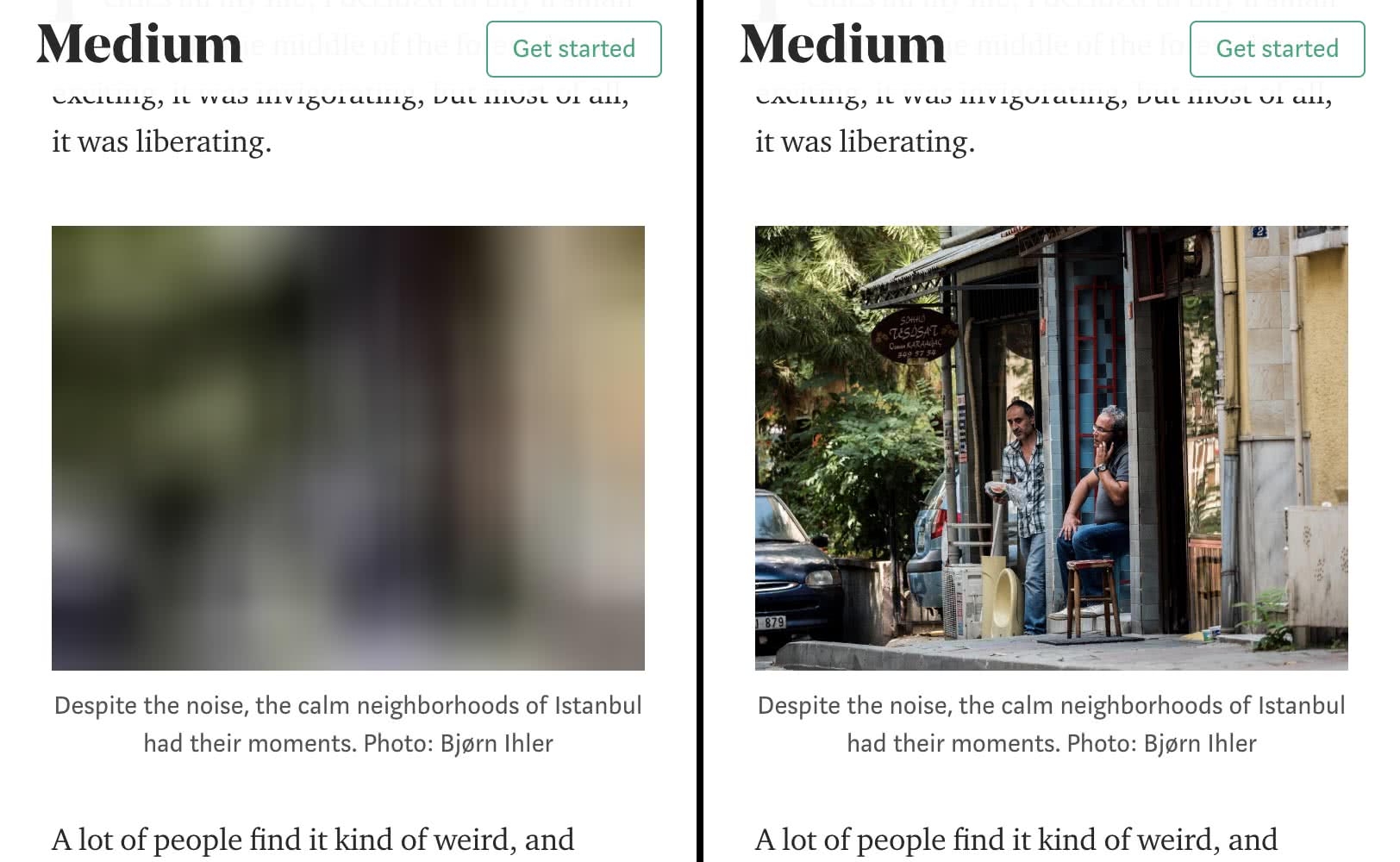 ภาพหน้าจอของเว็บไซต์ Medium ในการท่องเว็บ ซึ่งสาธิตการโหลดแบบ Lazy Loading ตัวยึดตำแหน่งที่เบลออยู่ทางด้านซ้ายและทรัพยากรที่โหลดอยู่ทางด้านขวา