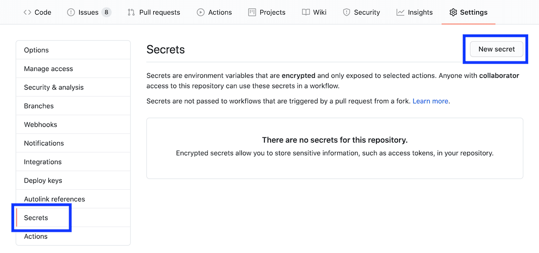 Screenshot des GitHub-Tabs „Settings“