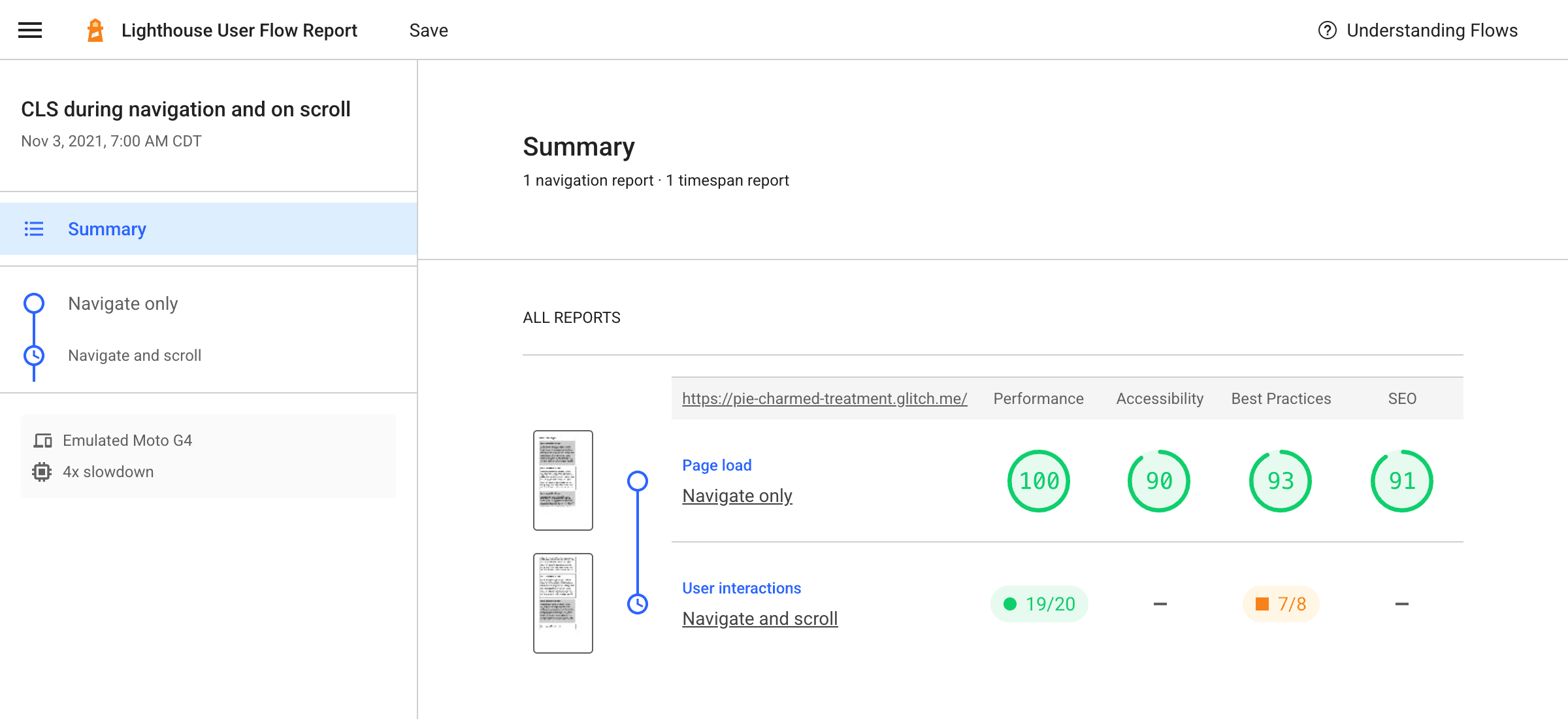 A Lighthouse flow report showing a set of snapshots taken