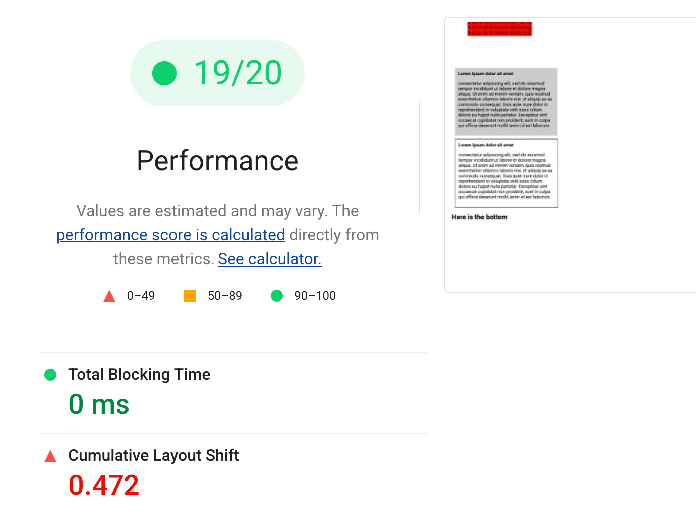 O relatório do Lighthouse mostrando a navegação e a rolagem nas páginas com falha de CLS