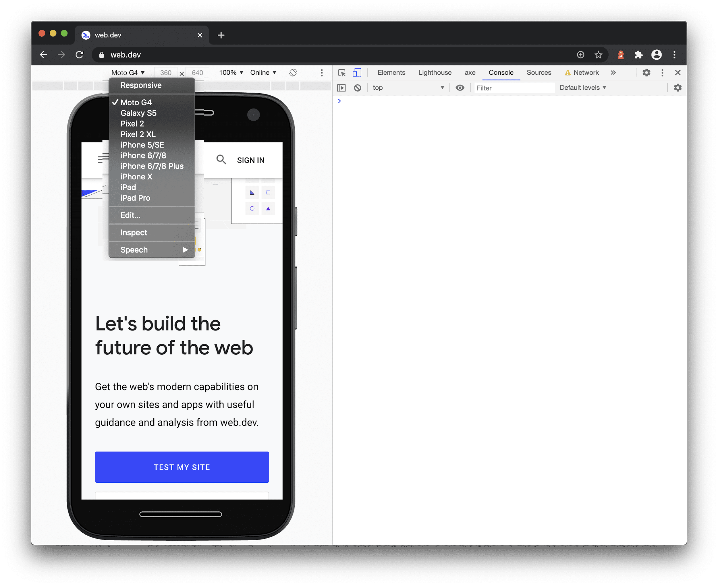 Список эмуляции устройств Chrome DevTools, включая Moto G4.