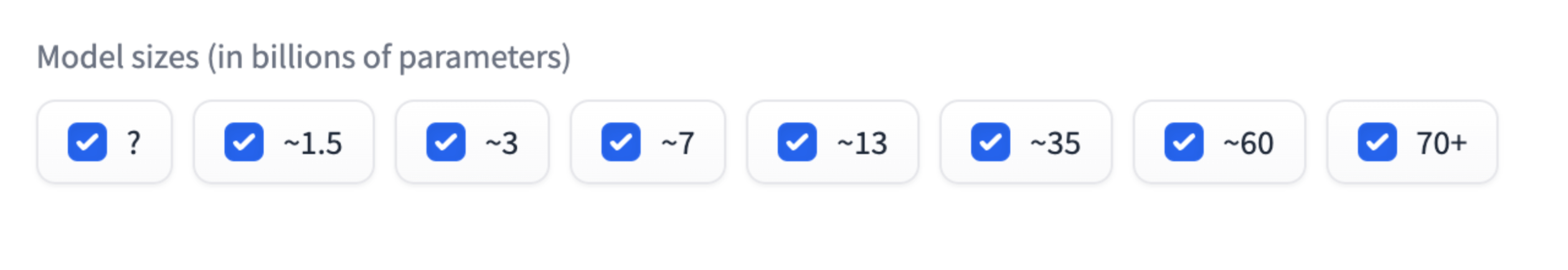 HuggingFace のモデルサイズのチェックボックスのスクリーンショット。