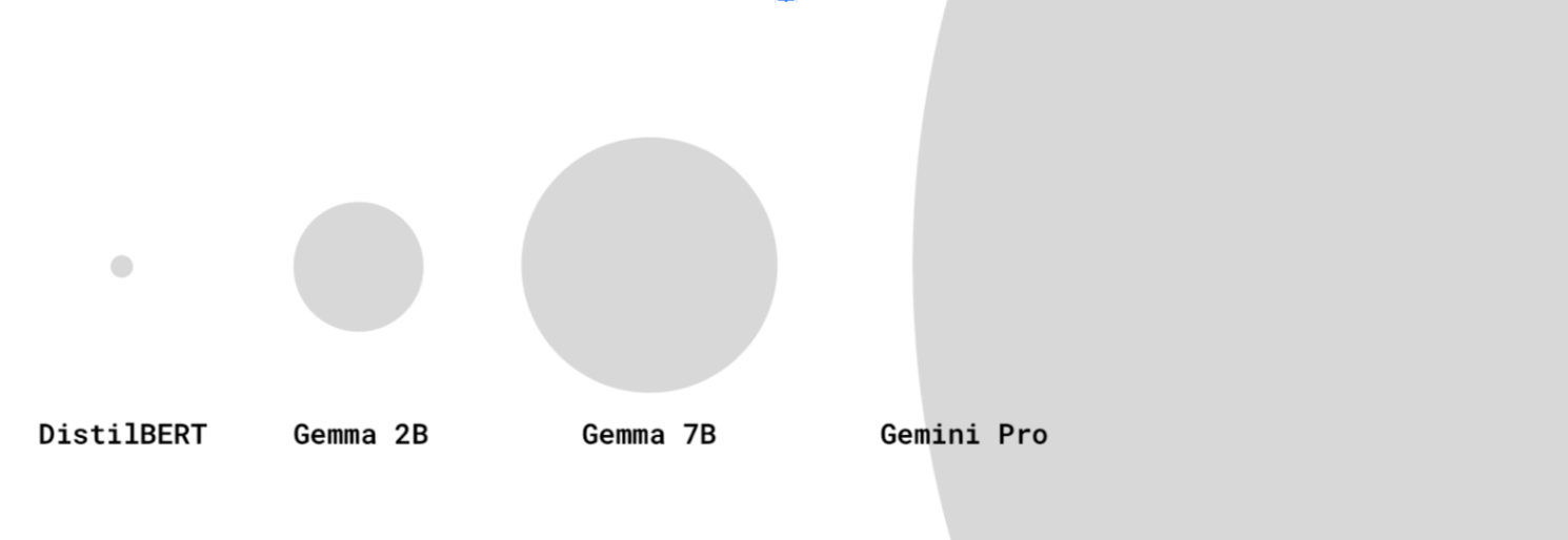 Model sizes can vary greatly. In this illustration, DistilBERT is a tiny dot as compared to the giant Gemini Pro.